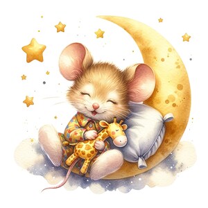 May include: A cute cartoon mouse wearing pajamas sleeps on a crescent moon with a yellow giraffe plush toy. The moon is surrounded by stars and clouds.
