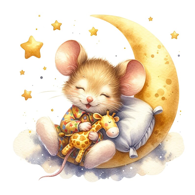 May include: A cute cartoon mouse wearing pajamas sleeps on a crescent moon with a yellow giraffe plush toy. The moon is surrounded by stars and clouds.
