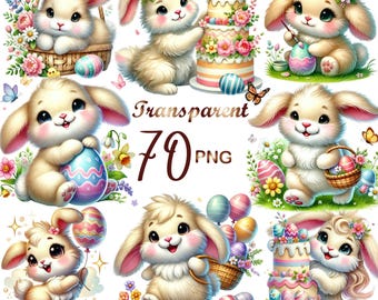70 PNG Watercolor Pastel Rabbit Clipart, Easter Cute Bunnies PNG,Floral bunny clipart,easter bunny png, Bunnies sublimation,Digital Download