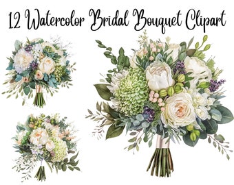 12 Wedding Bouquet Watercolor Clipart JPG Bridal Flowers Junk Journaling, Watercolor Card Making Commercial Use Digital Instant Download