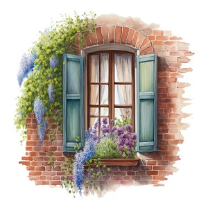 May include: Watercolor painting of a window with blue shutters and a brick wall. The window box is filled with purple and green plants. Blue wisteria cascades down the side of the wall, adding a touch of color to the scene.