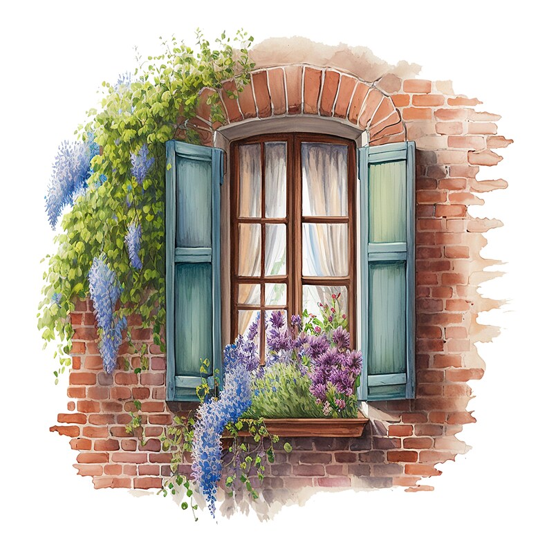 May include: Watercolor painting of a window with blue shutters and a brick wall. The window box is filled with purple and green plants. Blue wisteria cascades down the side of the wall, adding a touch of color to the scene.