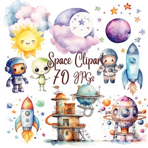 70 Watercolor Space Clipart Bundle, JPGs,Sun Watercolor Clipart, Astronaut Spaceship, Outerspace Clipart, Stars and Moon, Instant Download