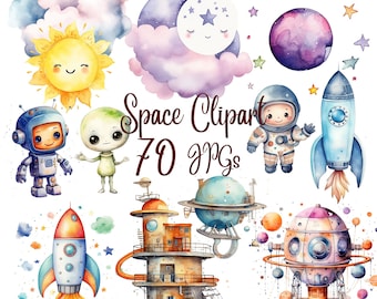 70 Watercolor Space Clipart Bundle, JPGs,Sun Watercolor Clipart, Astronaut Spaceship, Outerspace Clipart, Stars and Moon, Instant Download