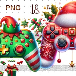 May include: Two Christmas-themed video game controllers. One is green with red and white stripes and a Santa hat. The other is red with white snowflakes and a white Santa hat. Both controllers have buttons and joysticks.