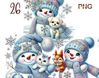 26 PNG Christmas Pastel Blue Snowman  bundle Clipart, Festive Snowmen Graphics, Holiday clipart, Commercial Use, Digital Download
