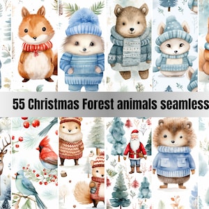 55 animali della foresta senza soluzione di continuità Pacchetto di carta digitale natalizia, modello senza soluzione di continuità per le vacanze invernali, sfondo con texture natalizia antica, carte per album
