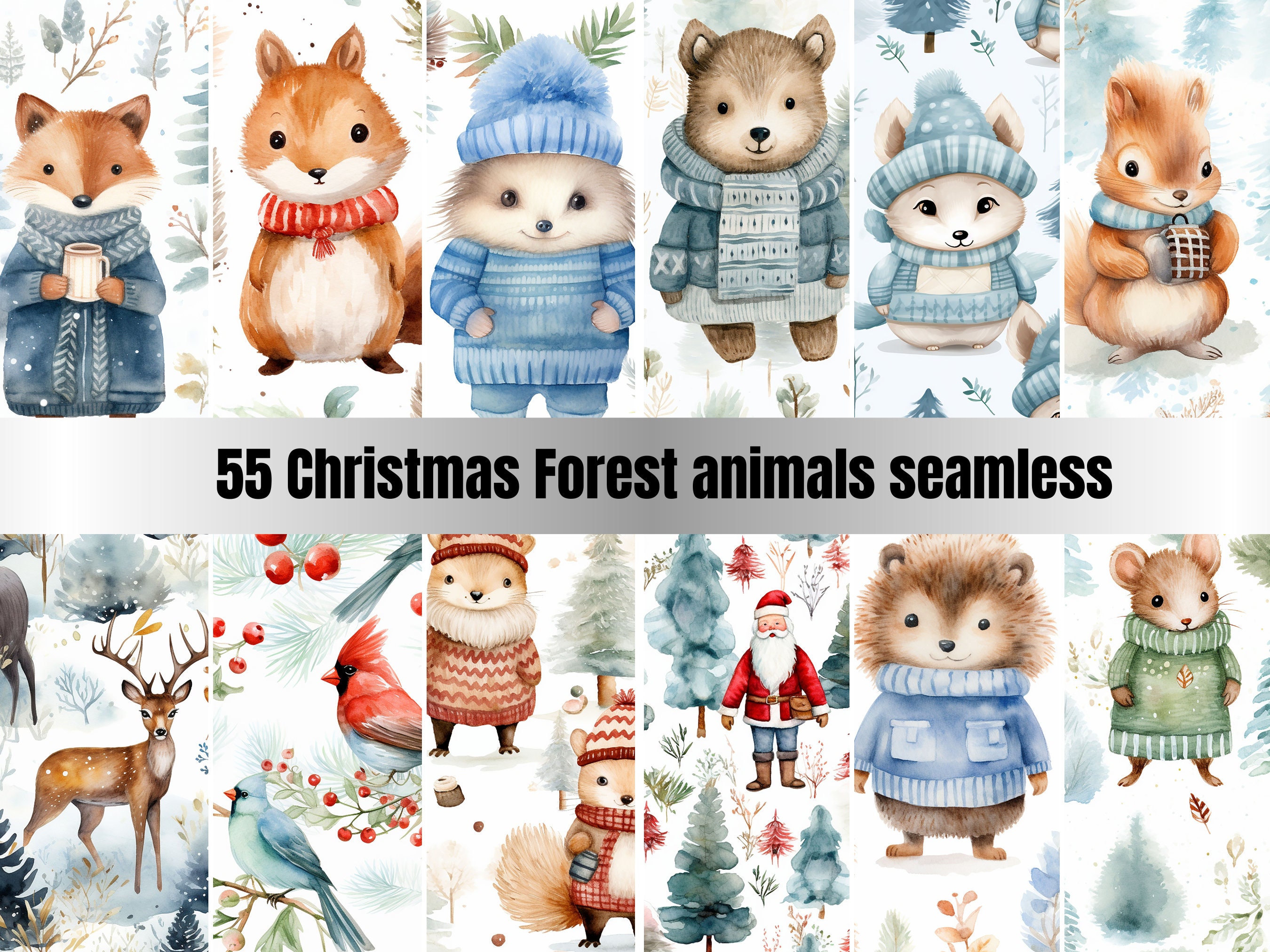 Winter Digital Paper Pack Christmas Scrapbook, Cute Animals