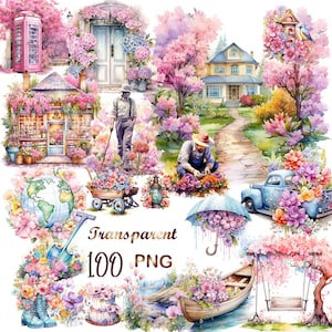 Peut inclure: Illustrations à l'aquarelle sur le thème du jardinage, avec une cabine téléphonique rose, une maison et un camion bleu rempli de fleurs. L'image comprend un jardinier, une brouette et le texte "Transparent 100 PNG".