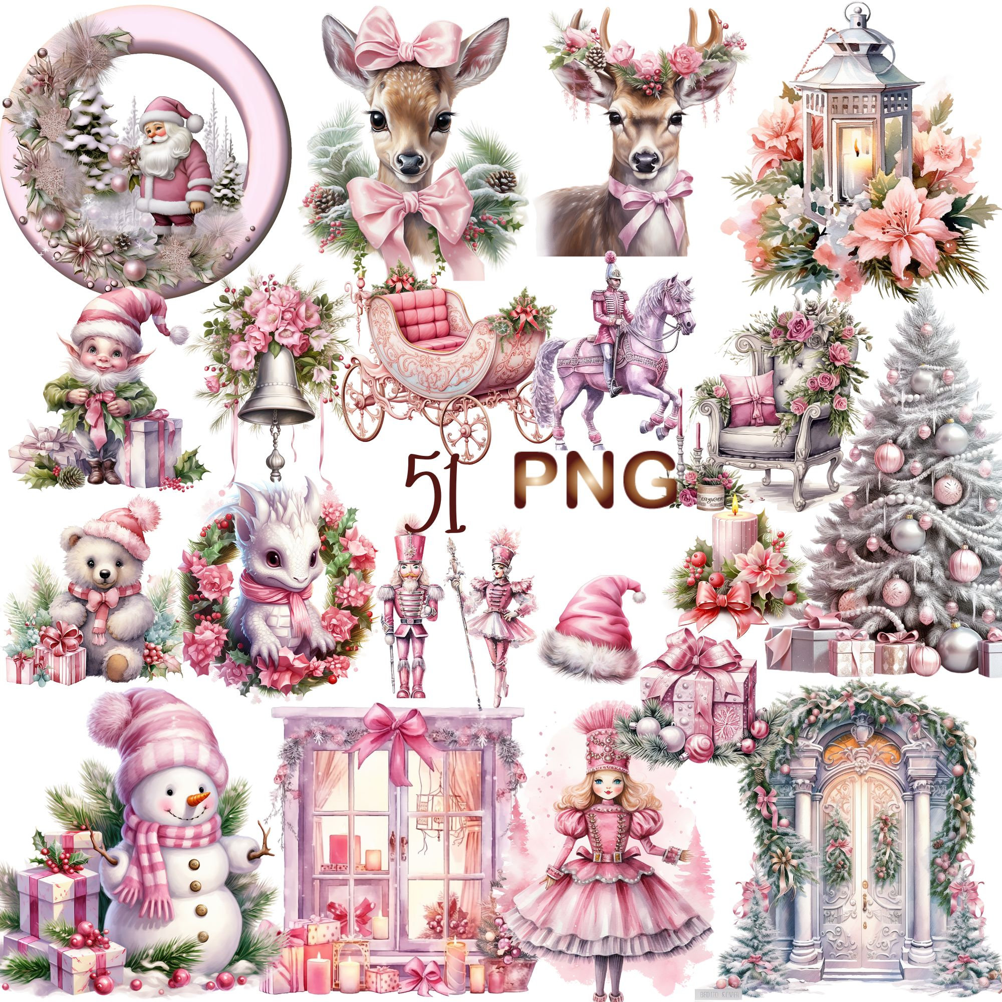 51 ピンクのクリスマスの季節のPNGクリップアート - コテージコア水彩