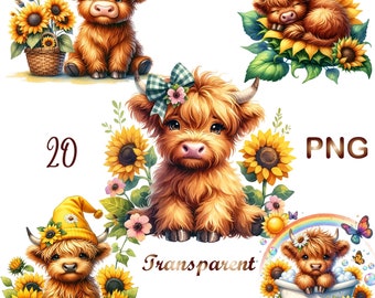 20 PNG, Watercolor Sunflower Highland Cows Collection Clipart, Spring Flowers Clipart, Baby Animal, Baby Cow Clipart Bundle, Commercial Use