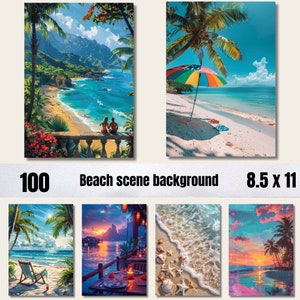 May include: A set of six 8.5 x 11 inch digital paintings featuring various beach scenes. The paintings include a tropical beach with a couple sitting on a balcony, a beach with a colorful umbrella, a beach with a sunset and palm trees, a beach with a wooden deck and a table setting, a beach with waves crashing on the shore, and a beach with a sunset and palm trees.