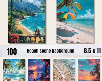 100 Beach scene,Printable sunset over the beach Digital  Paper,Beach Background,Magical Sunset Backdrop,Enchanted sunset Junk Journal Paper