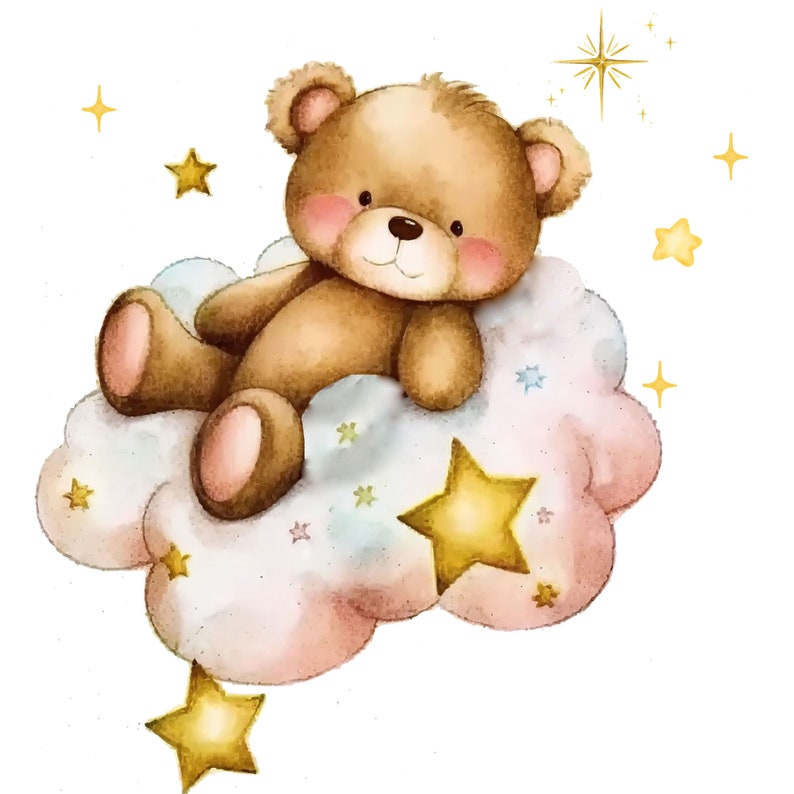 May include: A brown teddy bear with pink cheeks sits on a fluffy pink and blue cloud with yellow stars. The cloud has a rainbow of tiny stars and sprinkles.
