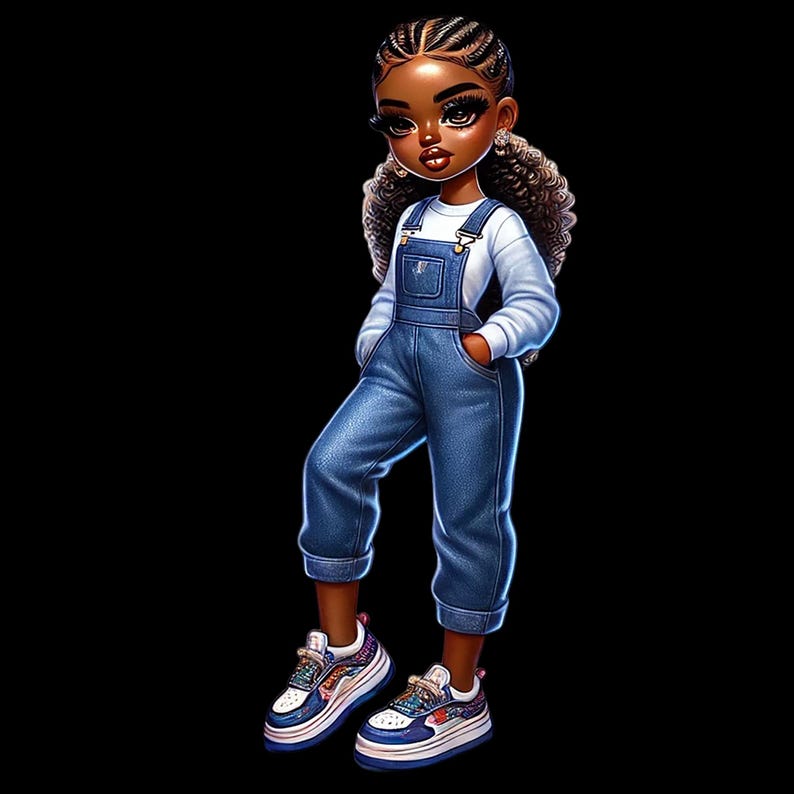 Beautiful Black girl clipart bundle, 50 PNGs chibi girl graphics, afro girl clipart, denim girl clipart, Digital Download, Commercial Use image 2