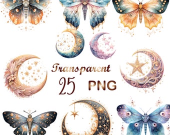 Watercolor Moths & Moon Clipart: Fantasy Witchcraft PNG Bundle (Digital Download)