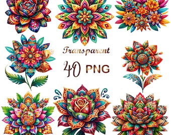 40 PNG, Mexican Flowers Clipart  bundle, Aztec Mexican Flowers clipart bundle, Mexican Florals clipart bundle, Commercial use