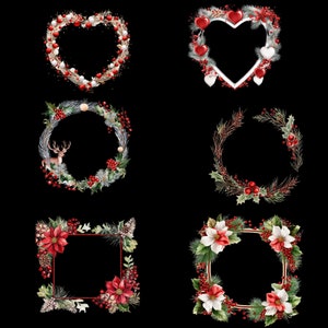 May include: Six festive frames and wreaths with a Christmas theme. The designs include heart, circle, and square shapes, decorated with red berries, white details, and foliage. Some feature poinsettias and a reindeer.