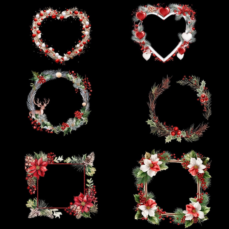 May include: Six festive frames and wreaths with a Christmas theme. The designs include heart, circle, and square shapes, decorated with red berries, white details, and foliage. Some feature poinsettias and a reindeer.