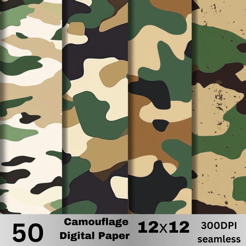 50 Camouflage Digital Paper Bundle – Seamless Army Camo Patterns in ...