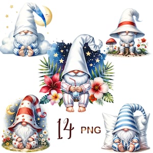May include: Four digital illustrations of gnomes in various poses. The gnomes are wearing pajamas and have white beards. The gnomes are surrounded by flowers, stars, and clouds. The text "14 PNG" is visible in the bottom center of the image.