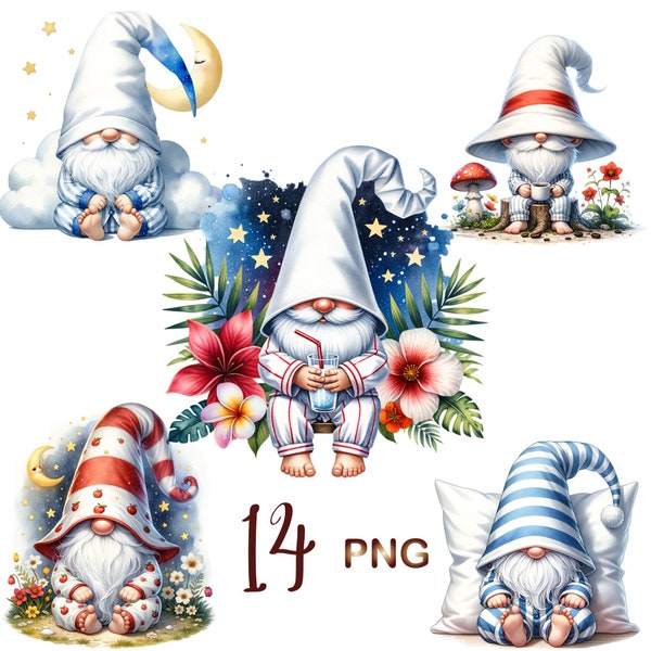 14PNG, Cute Sleepy Gnomes Clipart bundle, Gnome Clipart, Watercolor Bedtime Gnomes, Gnomes in Pajamas, Digital Download, Commercial Use