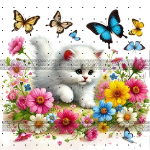 May include: A white kitten with green eyes sits in a bed of colorful flowers. The flowers are pink, yellow, blue, and white. There are butterflies flying around the kitten.