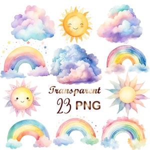 23 aquarel pastel regenboog clipart bundel png, zon, wolken, regenboog png, digitale download, commercieel gebruik, mixed media, digital craft
