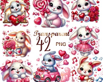 Valentine Bunny Clipart Bundle – 42 Cute PNGs Rabbits, Hearts, Roses, Love Animals, Valentines Day Clipart, Commercial Use, Digital Download