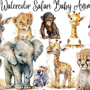 15 Safari Baby Animals Watercolor Clipart, JPGs, Digital crafting, Paper crafts, Cute clipart,Instant download,commercial use,safari clipart