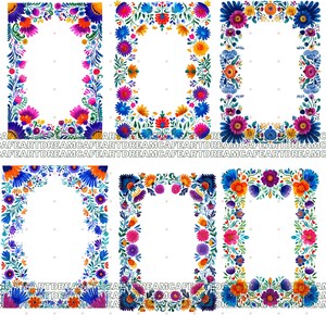 May include: Six designs of floral frames. Each frame has a white centre, encircled by vibrant flowers in shades of blue, orange, pink, and purple. The frames are arranged in a grid, showcasing various floral arrangements and shapes.