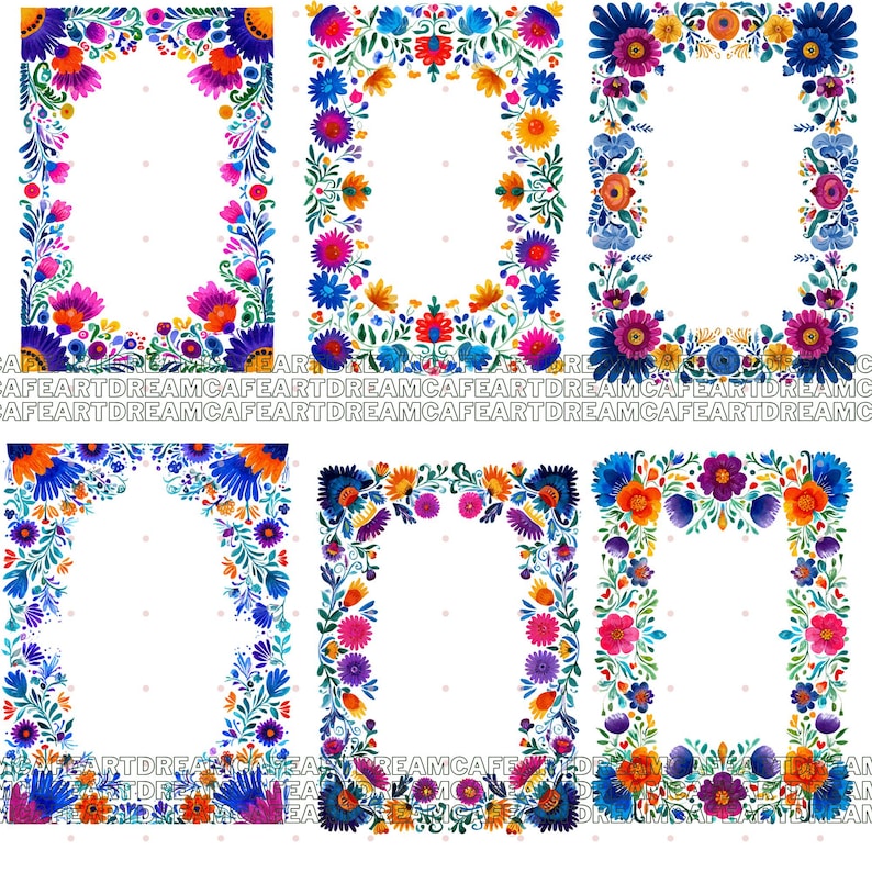 May include: Six designs of floral frames. Each frame has a white centre, encircled by vibrant flowers in shades of blue, orange, pink, and purple. The frames are arranged in a grid, showcasing various floral arrangements and shapes.