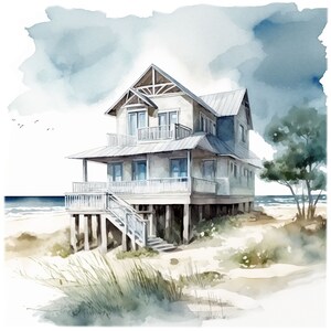 Peut inclure: Une peinture &agrave; l'aquarelle d'une maison de plage blanche avec un toit gris, situ&eacute;e sur pilotis au-dessus d'une plage de sable. La maison a un porche qui fait le tour et un escalier menant &agrave; la porte d'entr&eacute;e. L'oc&eacute;an est visible en arri&egrave;re-plan, et il y a des arbres et des buissons au premier plan.