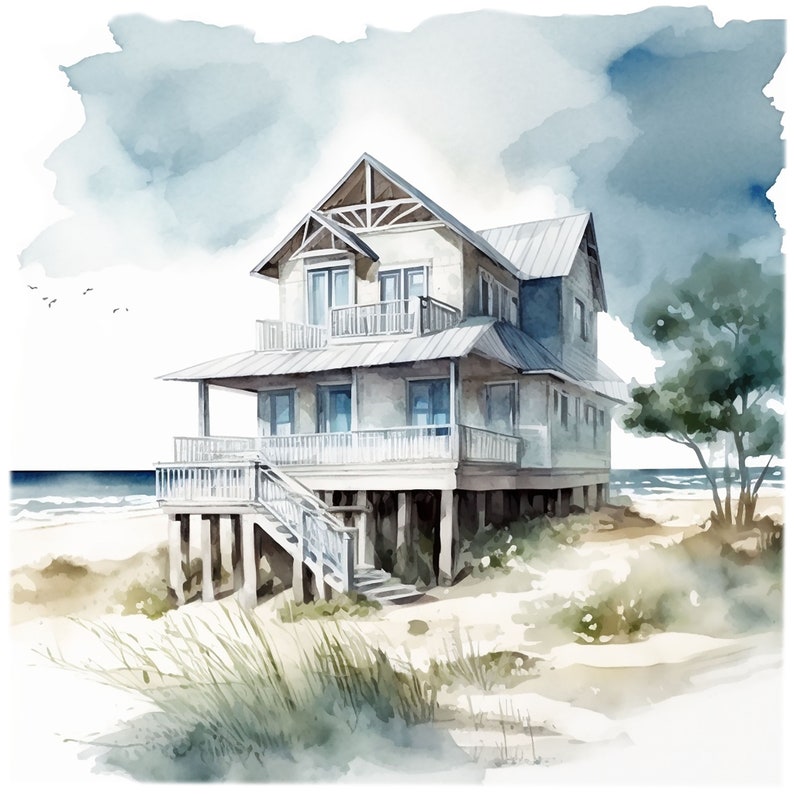 Peut inclure: Une peinture &agrave; l'aquarelle d'une maison de plage blanche avec un toit gris, situ&eacute;e sur pilotis au-dessus d'une plage de sable. La maison a un porche qui fait le tour et un escalier menant &agrave; la porte d'entr&eacute;e. L'oc&eacute;an est visible en arri&egrave;re-plan, et il y a des arbres et des buissons au premier plan.