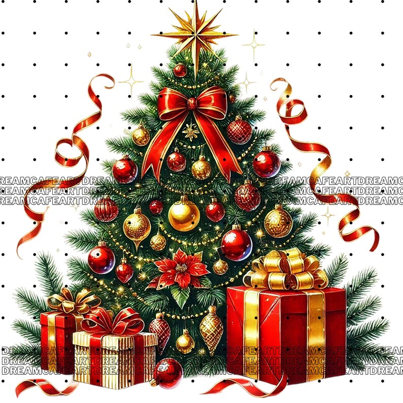 May include: A green Christmas tree decorated with red and gold ornaments, a red bow, and a star on top. There are red and gold wrapped presents under the tree.