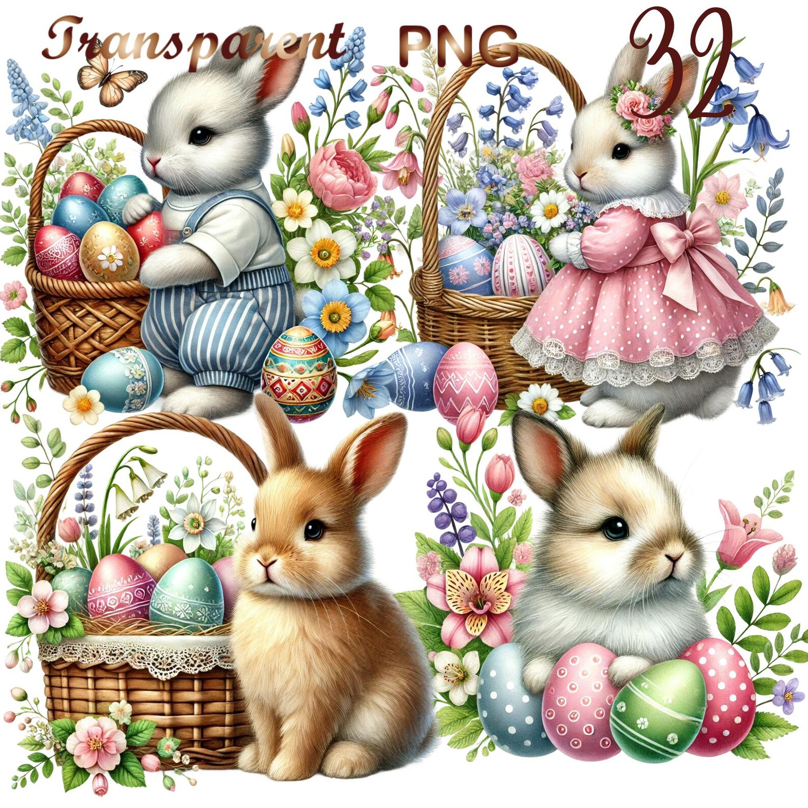 32 PNG Set 3 Easter Clipart Bundle, Spring Holiday Llustrations Designs ...