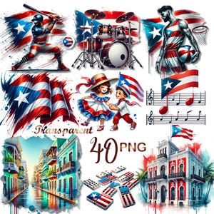 40 PNG Puerto Rico Clipart Bundle – Glossy Watercolor Illustrations of Island Culture, Flag, Architecture, Music & More, Digital Download