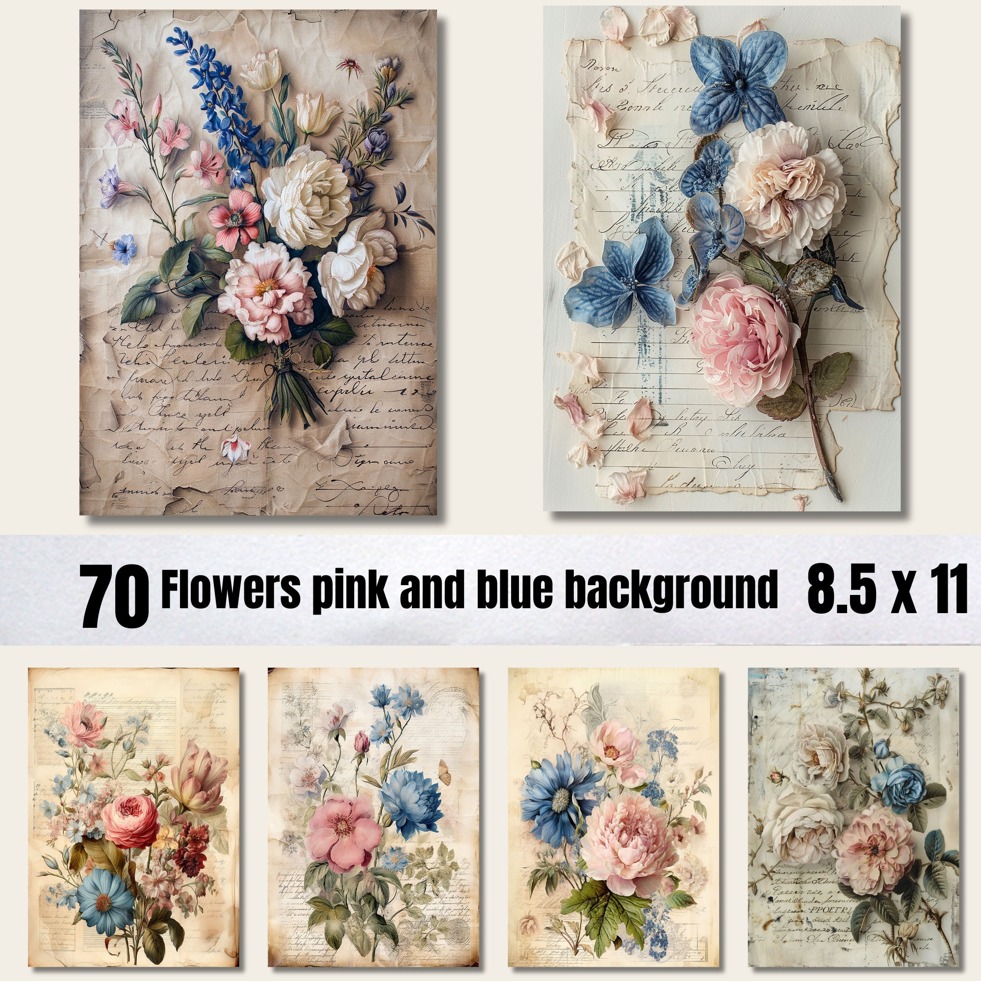 70 Old Flowers Junk Journal Pages, Digital Scrapbook Paper Kit, Graphics Vintage Flowers Printable,Neutral Ephemera,Distressed Collage Sheet