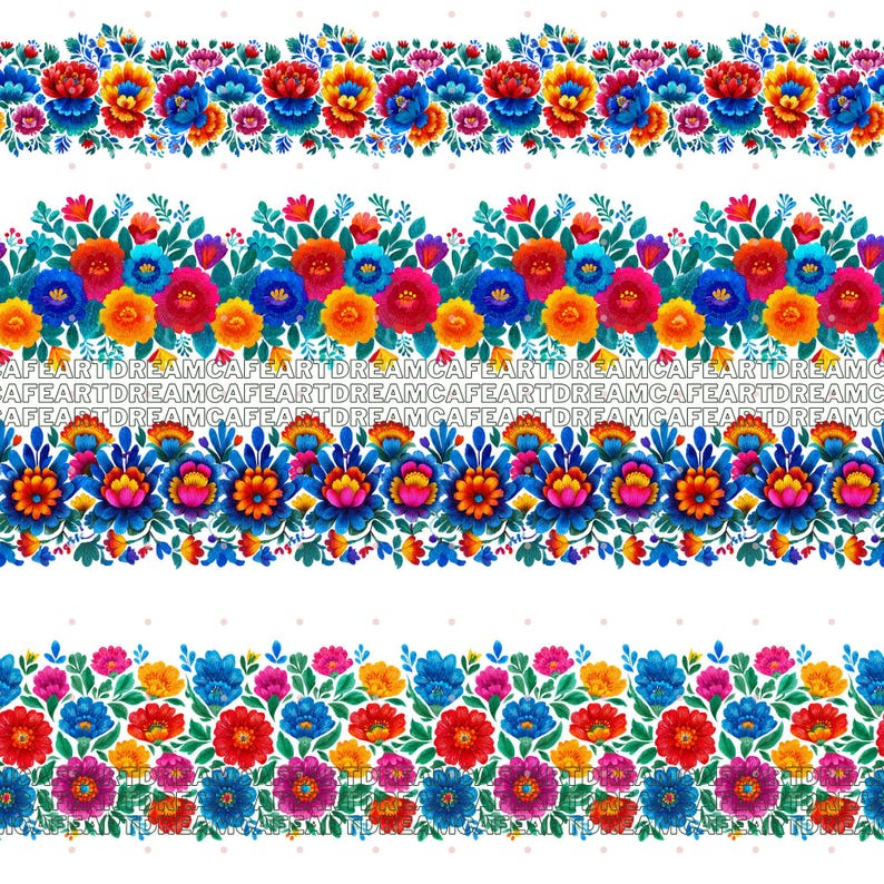 May include: Four rows of vibrant floral patterns on a white backdrop. The flowers are in shades of red, blue, orange, yellow, and purple, with green foliage. The text "CAFEARTDREAM" is repeated in the middle rows.