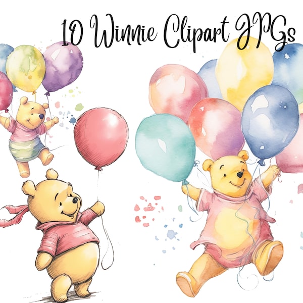 10 Watercolor Winnie  JPGs, High Quality, Digital Planner, Paper crafts, Watercolor, Winnie Bear Clipart, Cute Winnie, Commercial USe