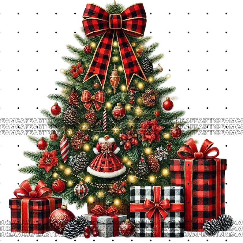 May include: A red and black plaid Christmas tree with a large red bow, decorated with ornaments, pine cones, and lights. There are wrapped presents at the base of the tree, also in red and black plaid.