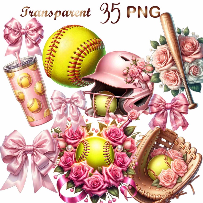 May include: A set of 35 softball-themed clipart images, including a pink helmet, a baseball bat, a catcher's mitt, a softball, a pink bow, and a pink and white cup with a straw. The images are on a white background.