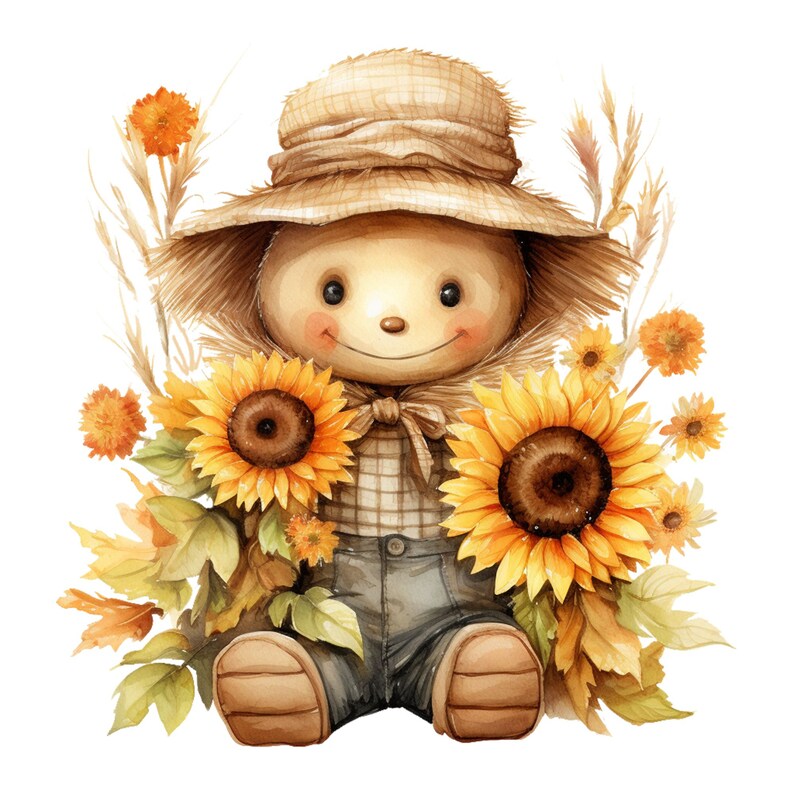 May include: A watercolor illustration of a friendly scarecrow doll wearing a straw hat and plaid shirt, surrounded by sunflowers and autumn foliage. The doll has a smiling face and is dressed in gray pants and brown boots, evoking a harvest theme.