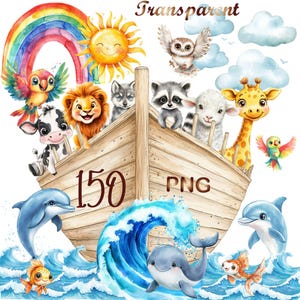 150 PNG Watercolor Noah&#39;s Ark Clipart Bundle – Christian Digital Download, Bible Story Clipart, Nursery Wall Art, Commercial Use