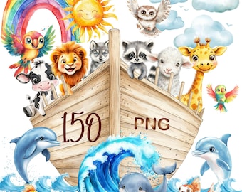 150 PNG Watercolor Noah's Ark Clipart Bundle – Christian Digital Download, Bible Story Clipart, Nursery Wall Art, Commercial Use