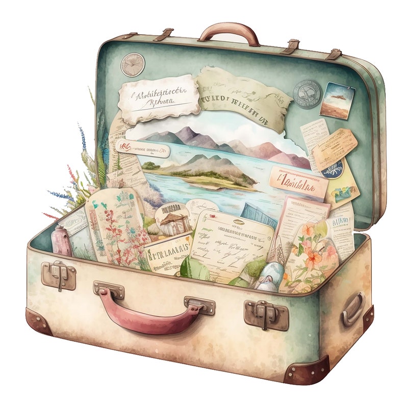 May include: An open vintage suitcase filled with travel mementos, including postcards, maps, and pressed flowers. The suitcase is light brown with a green interior and a pink handle. The suitcase is open and the inside is filled with travel mementos.