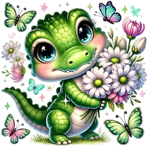 Op de afbeelding: Een groene alligator met grote blauwe ogen houdt een boeket witte madeliefjes en roze bloemen vast. De alligator wordt omringd door vlinders met roze, blauwe en groene vleugels.