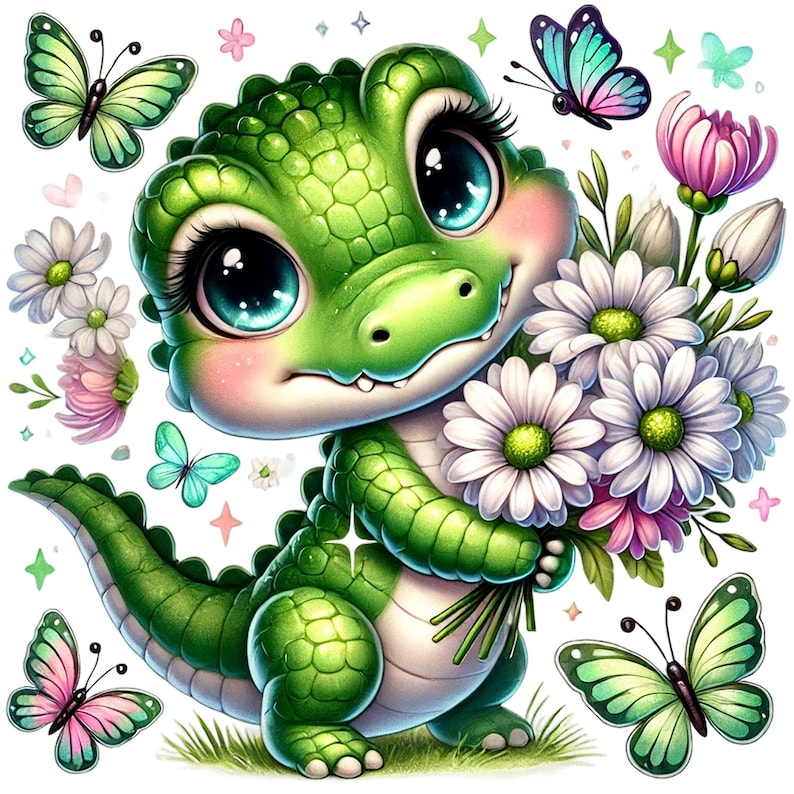 Op de afbeelding: Een groene alligator met grote blauwe ogen houdt een boeket witte madeliefjes en roze bloemen vast. De alligator wordt omringd door vlinders met roze, blauwe en groene vleugels.