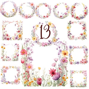 以下が含まれることがあります： 水彩画の13個の花輪とフレームのセット。花輪とフレームは、デイジー、ラベンダー、野花など、さまざまな花で作られています。花輪とフレームは、プロジェクトに自然のタッチを加えるのに最適です。