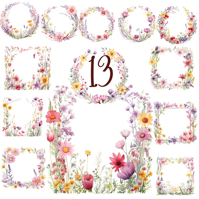 以下が含まれることがあります： 水彩画の13個の花輪とフレームのセット。花輪とフレームは、デイジー、ラベンダー、野花など、さまざまな花で作られています。花輪とフレームは、プロジェクトに自然のタッチを加えるのに最適です。